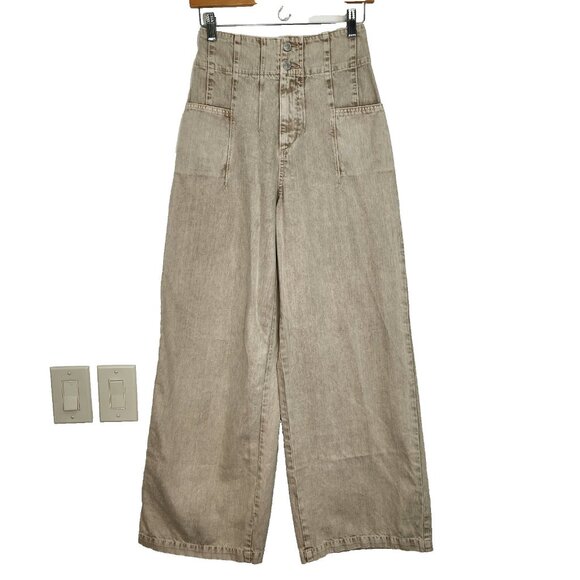Free People We The Free Midnight City Wide Leg Jeans 26 Beige High Rise Pleated - Picture 1 of 11